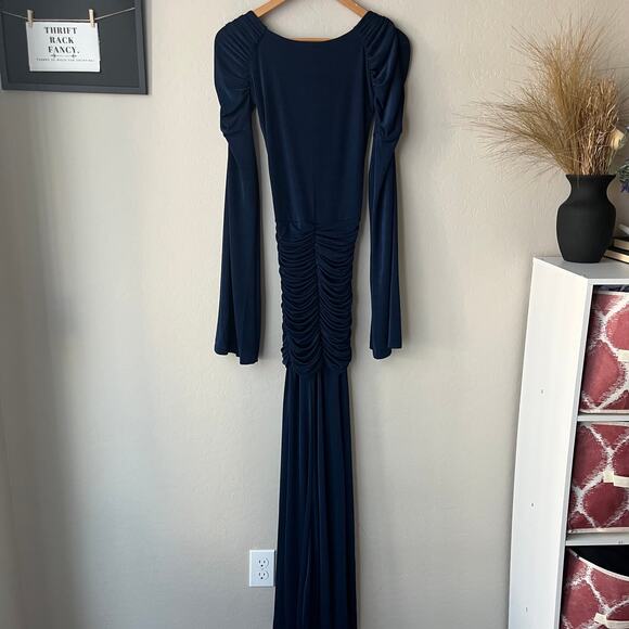 NEW ORIRE Dress Maya‎ Blue Ruched Long Sleeve Draped Maxi Gown Size 0 - Picture 7 of 12